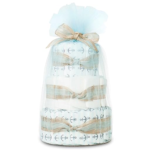 Hypoallergenic, Extra Soft, Non-Toxic, Eco-Friendly, Mini Diaper Cake In Anchors And Stripes Hypoallergenic, Extra Soft, Non-Toxic, Eco-Friendly, Mini Diaper Cake In Anchors And Stripes